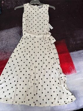 Shelby & Palmer White and Black Polka Dot Midi Dress with Waist Tie
